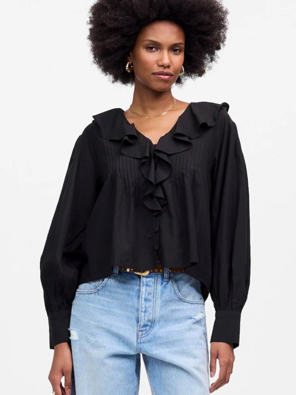Madewell Ruffled Pintucked Long-Sleeve Top in True Black